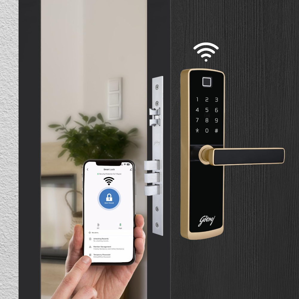 Godrej Locking Solutions and Systems Smart LocksICatus Touch PlusISmart Digital Lock for Wooden DoorI4 in 1 AccessI FingerprintIRfidIPin AccessIMechanical KeyIChampagne Gold Finish, Alloy Steel